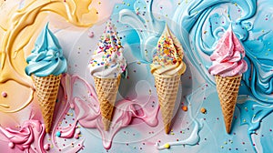 Pastel ice cream dreamland with swirls and scoops in cloud filled sky, sprinkles and candy elements