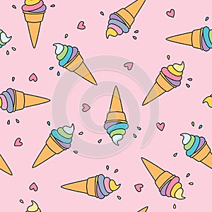 Pastel ice cream seamless pattern with cute hearts on pink background