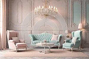 Pastel interior in classic style with soft armchairs and lamps. 3d rendering