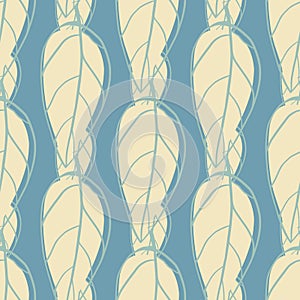 Pastel light abstract leaves seamless pattern. Contoured ornament on blue background. Contrast floral print