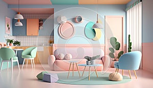 Pastel living room interior design. Home background furniture 3d rendering of architecture modern house wall.