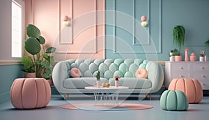 Pastel living room interior design. Home background furniture 3d rendering of architecture modern house wall.