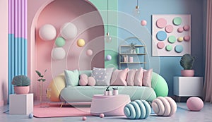 Pastel living room interior. Home background furniture 3d rendering of architecture modern house wall. Generative Ai