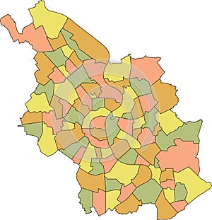 Pastel map of district city parts of Cologne, Germany