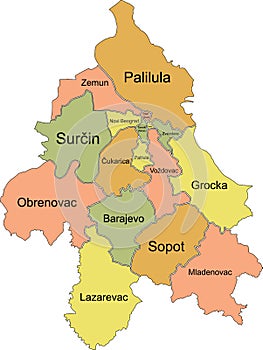 Pastel map of municipalities of Belgrade, Serbia