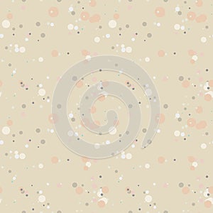Pastel messy dots on beige background. Ecru festive seamless pattern with round shapes.