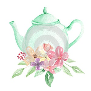 Pastel Mint Teapot Flowers Watercolor Foliage Afternoon Tea Floral Arrangement photo