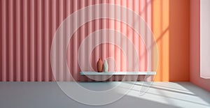 Pastel multi colour background wall with window natural shadow and long shelf, abstract geometric