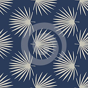 Pastel palette seamless doodle pattern with talipot leaves silhouettes. Navy blue background with light tones elements