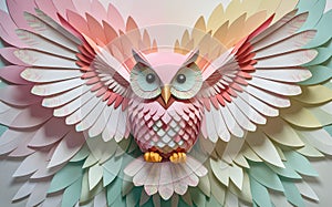 Pastel paper cut owl with wings spread.