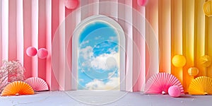Pastel Paper Decor for pink yellow hall Archway.DIY art installation for festive photo