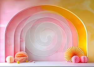 Pastel Paper Decor for pink yellow hall Archway.DIY art installation for festive photo