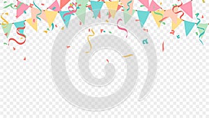 pastel party flags and confetti explosions with buntings and ribbons on transparent background for carnival, celebration, birthday