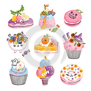 Pastel pastry for Halloween party, isolated illustrations set