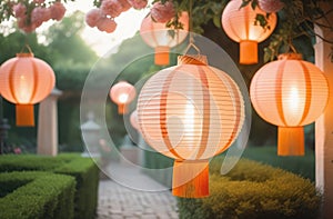 Pastel peach color lanterns hanging in a garden, Peach Fuzz