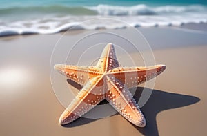 A pastel peach colored starfish on the beach near the sea, Peach Fuzz