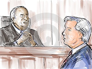 Courtroom Trial Sketch Showing Judge Listening to Argument of Lawyer Defendant Plaintiff Witness in Court of Law photo