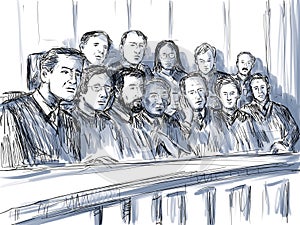 Courtroom Trial Sketch Showing a Jury of Twelve 12 Juror Inside Court of Law photo