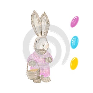 Pastel pencils drawing illustration isolated of happy Easter day. Composition. Rabbits, colored eggs. Postcards