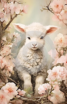 Pastel Perfection: A Serene Portrait of a Lamb Amidst Soft Pink