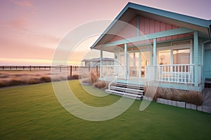 pastel pink beachside cottage at sunrise, dew on grass