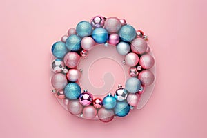 Pastel Pink and Blue Christmas Bauble Wreath on Pink Background