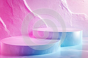 Pastel pink and blue cylindrical platforms on textured background