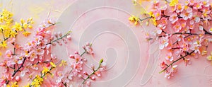 Pastel Pink Cherry Blossoms and Yellow Forsythias in Full Bloom. Floral frame. Spring banner.