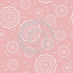 Pastel pink circle daisy flowers on white seamless pattern, vector