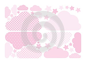 Pastel pink clouds and stars vector collection with polka dots for kids .Cloud computing decoration pack.Baby shower stickers set.