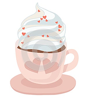 Pastel pink coffee cup with saucer, hot coffee or chocolate with whipped cream. Vector isolated illustration on white background