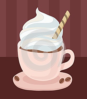 Pastel pink coffee cup with saucer, hot coffee or chocolate with whipped cream and waffle. Vector illustration on a dark