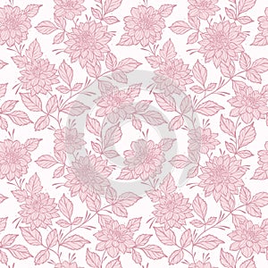 Pastel pink dahlia flower vintage vector pattern, hand drawn floral background, feminine seamless repeating wallpaper