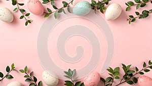 Pastel Pink Easter Background with Speckled Eggs & Greenery â Elegant Spring flat lay design with copy space for text photo