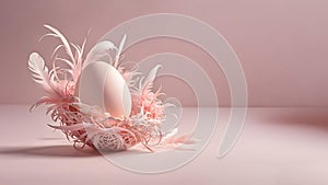 Pastel pink Easter egg in a soft pink nest covered with pink feathers. Space for text.