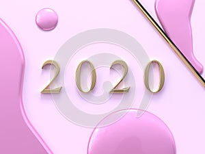 Pastel pink flat lay minimal scene gold 2020 number text/type 3d rendering