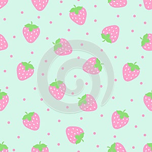 Pastel Pink & green strawberry seamless pattern. Repeatable background. Isolated on mint green background. Vector illustration.
