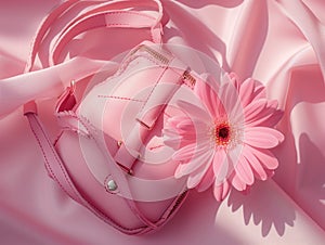 Pastel pink handbag with a vibrant gerbera flower on satin fabric.