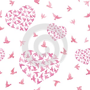 Pastel pink hearts with flying birds. Repeated pattern. Watercolor