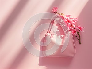 Pastel pink leather tote bag with delicate pink flowers on a soft, shadow-patterned background.