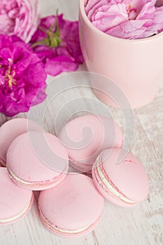Pastel pink macaroons with rose