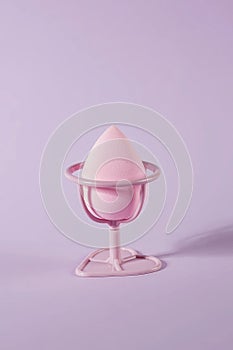 Pastel pink make-up blender sponge in pink holder on purple background