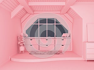 Pastel pink monotone concept living room interior with open space and split-level floor, 3d rendering