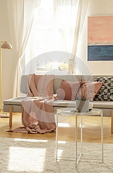 Pastel pink pillows and blanket on grey scandinavian sofa in elegant interior