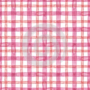 Pastel pink plaid checkered seamless pattern. Watercolor stripes and lines on white background. Kilt print for textile, fabric