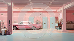 pastel pink retro garage with stylish car