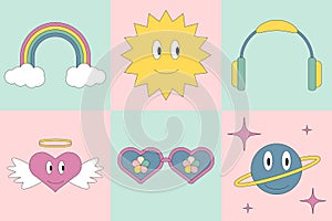 Pastel pink retro stickers with 1970 vibe. 70s lifestyle elements with summer mood. Psychedelic rainbow, slimey sun and