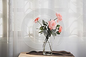 Pastel of Pink rose in vase on small wooden and white curtain backdrop at bedroom