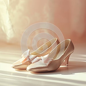 Pastel pink shoes with delicate bows on display