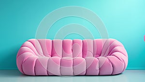 Pastel pink sofa and floor lamp against blue wall with copy space for text. Minimalist home interior design of modern